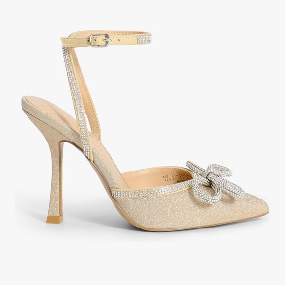 Sparkly Gold Bow Heels with Rhinestone Detailing Silver Bow Size 8.5 - Picture 3 of 7